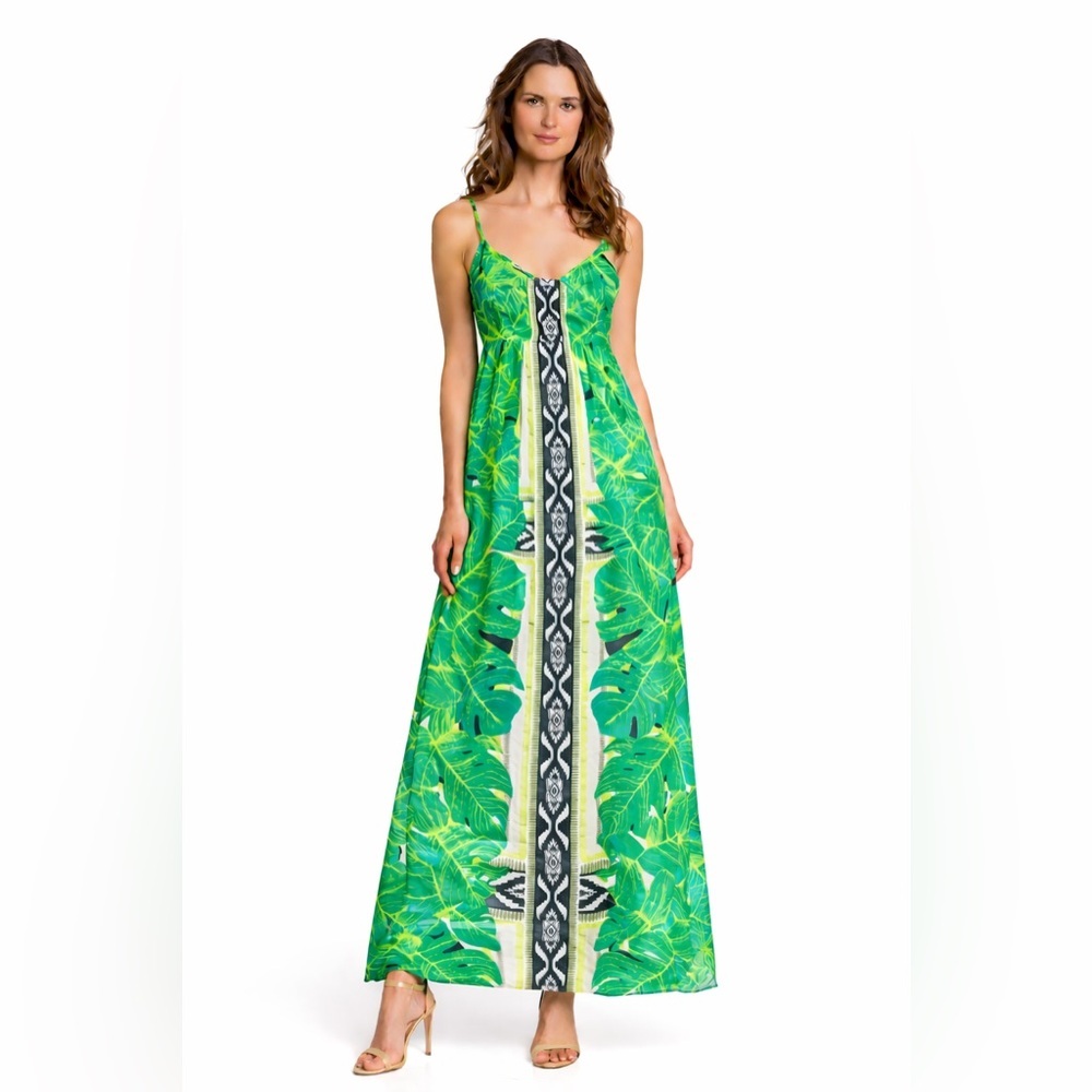 Anthropologie Yoana Baraschi 100% Silk Fauna Green Leaf Maxi Dress | Size 2